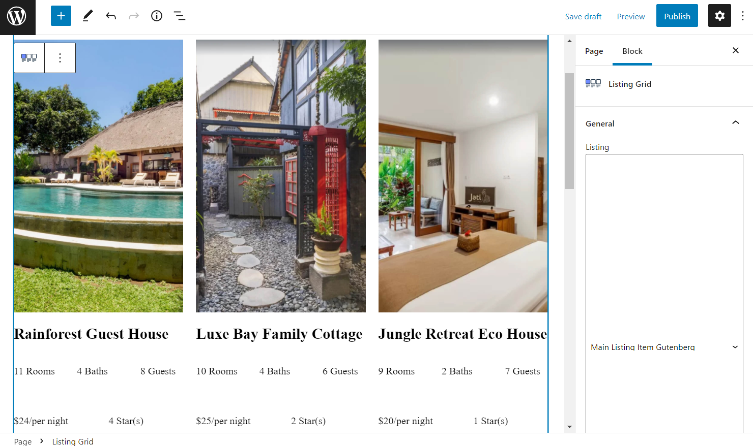 properties listing in the block editor