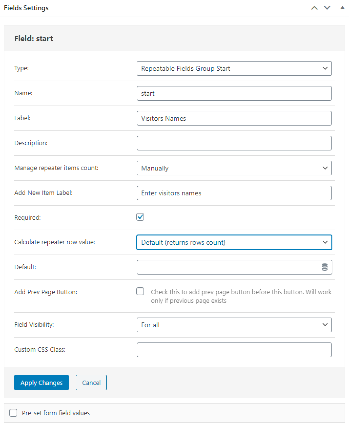 repeater start field settings