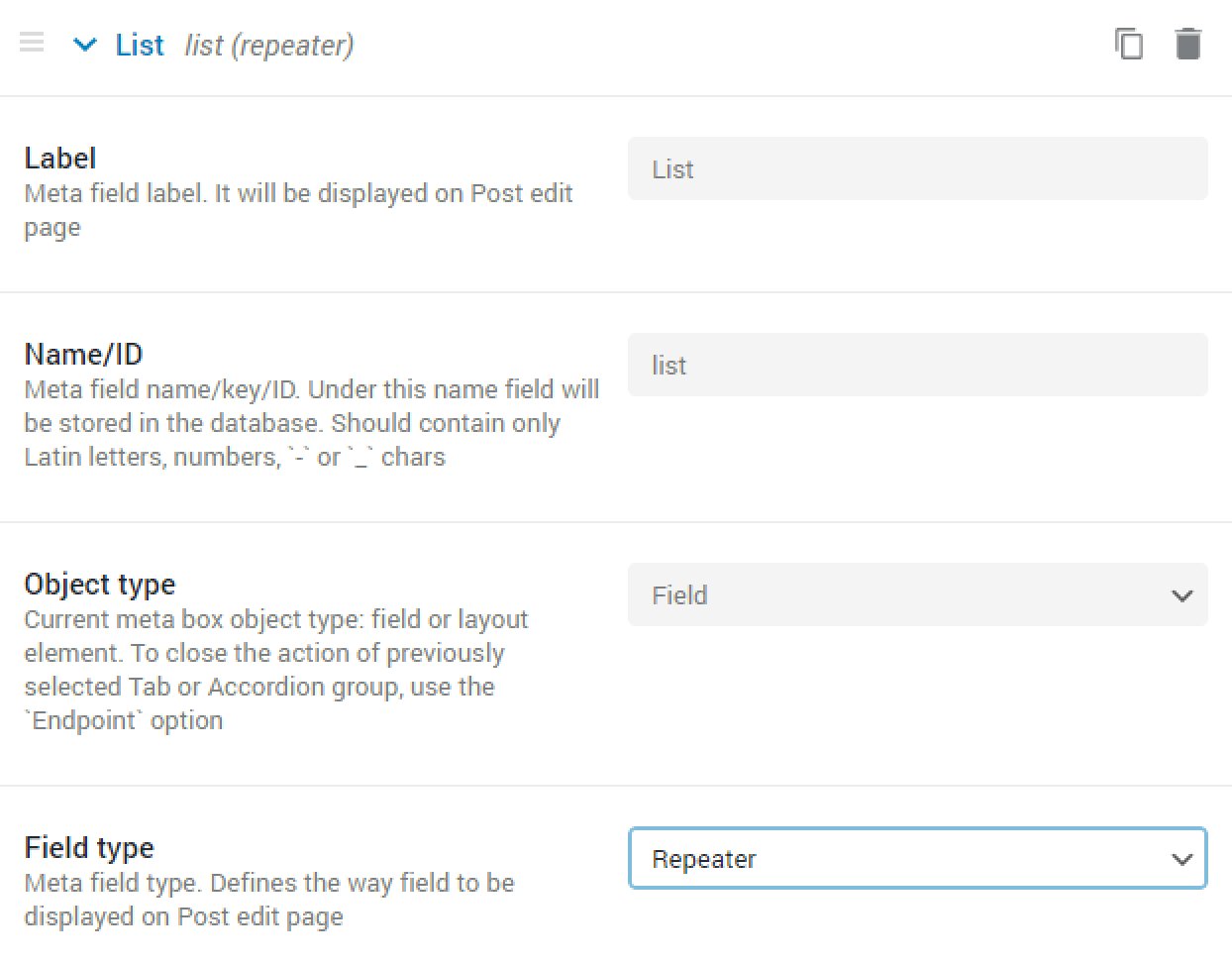 repeater meta field settings