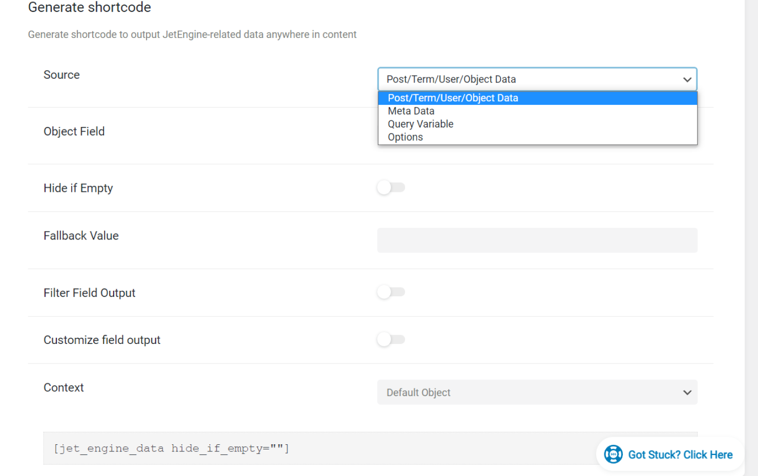shortcode generator source dropdown