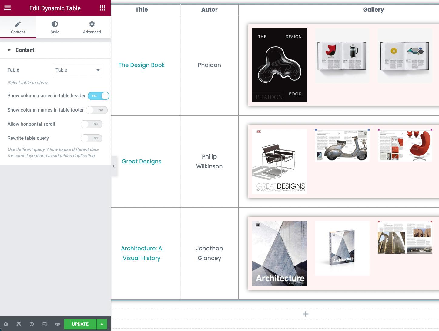 dynamic table widget in elementor