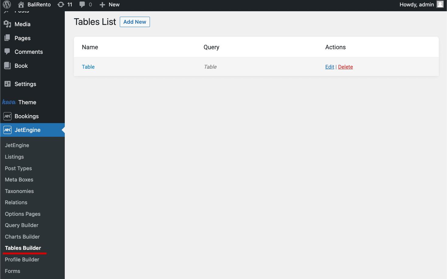 tables list in tables builder