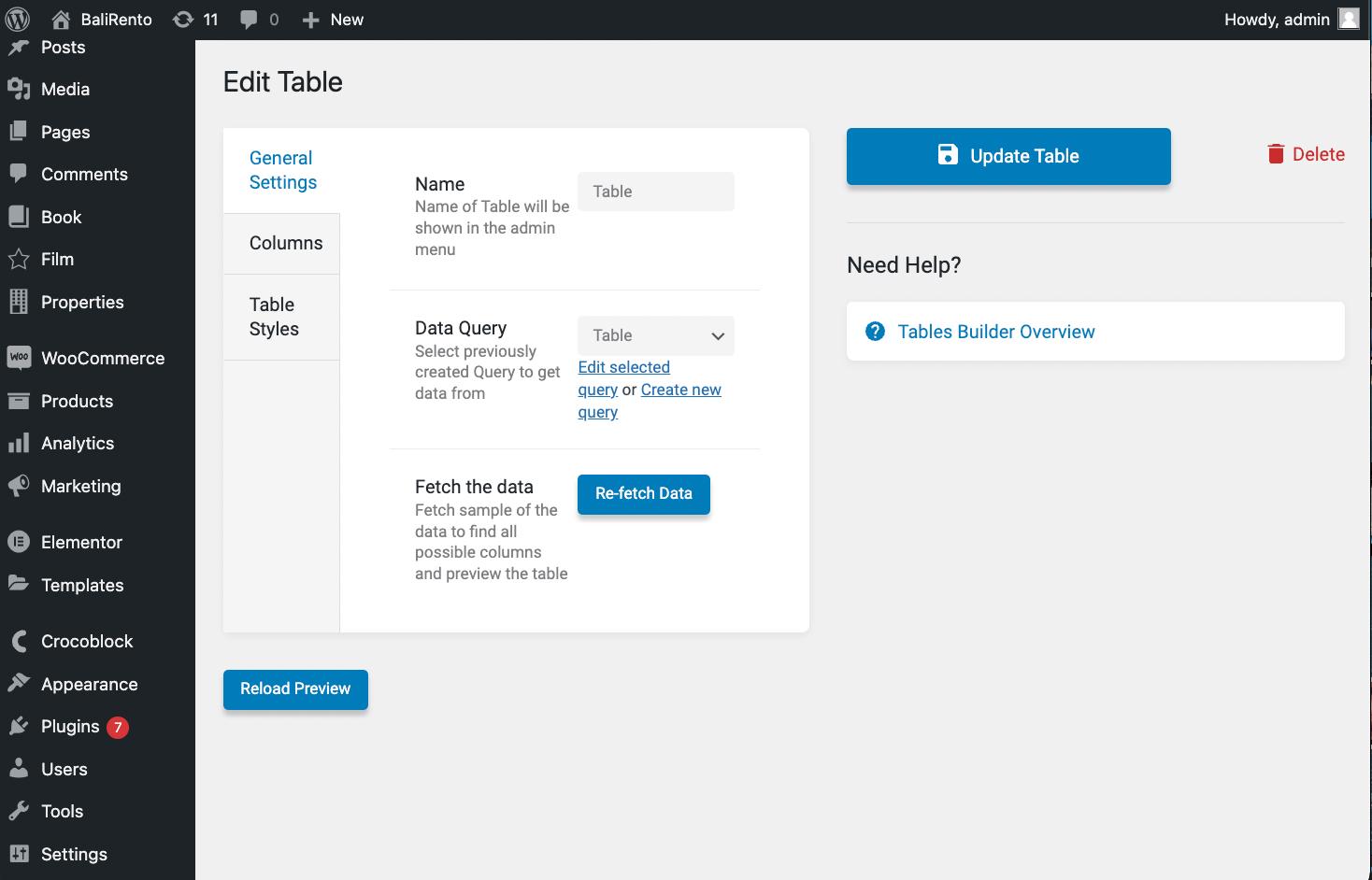 general settings of table