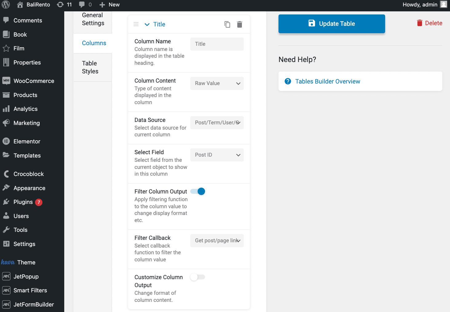 title in columns tab in tables builder