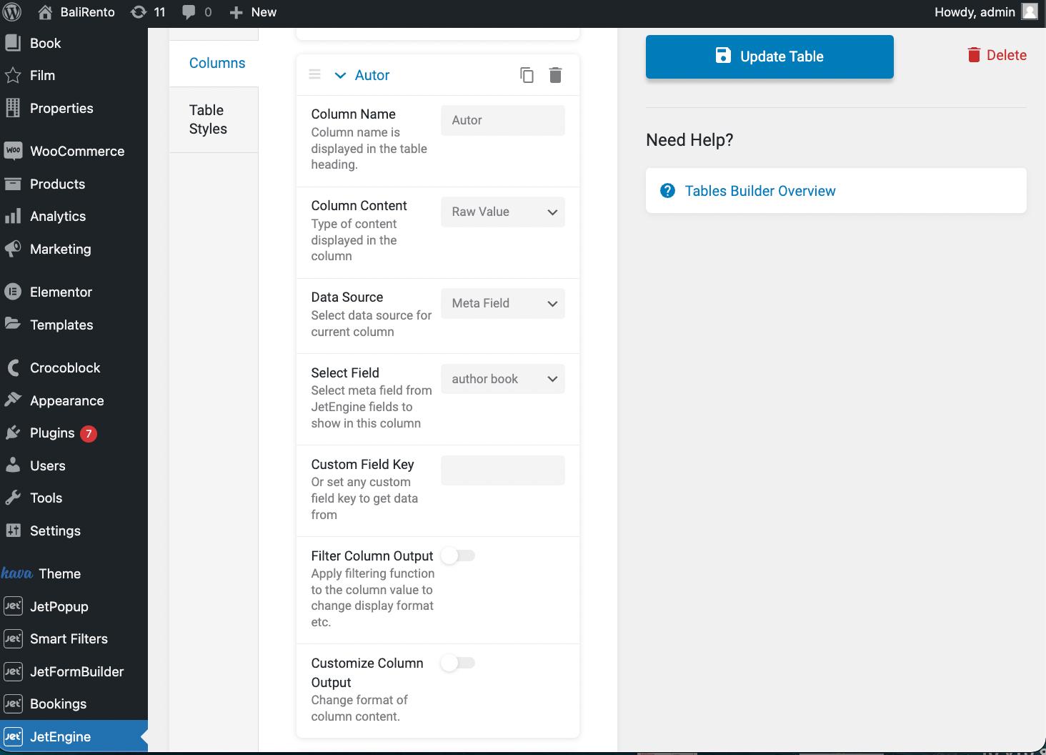 author column in tables builder