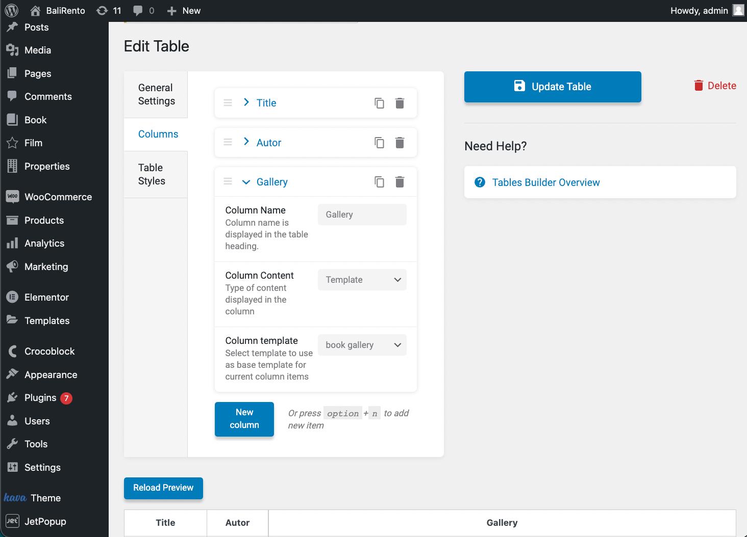 gallery column in tables builder