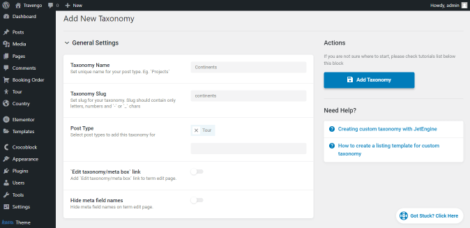 adding taxonomy settings