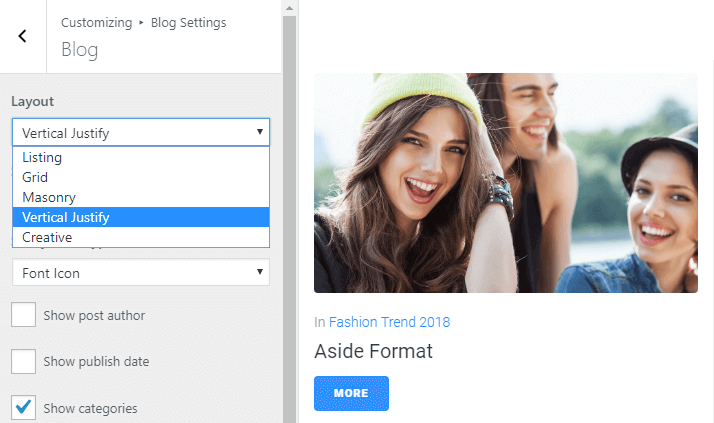 blog settings in customizer