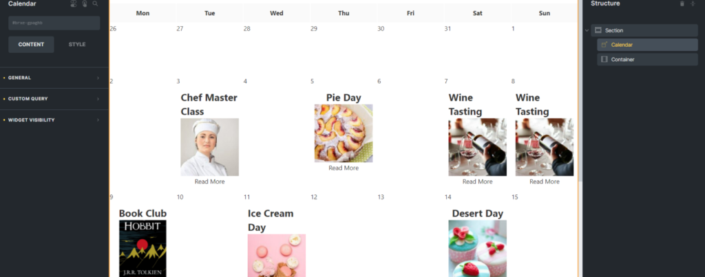 calendar element on the bricks editing page
