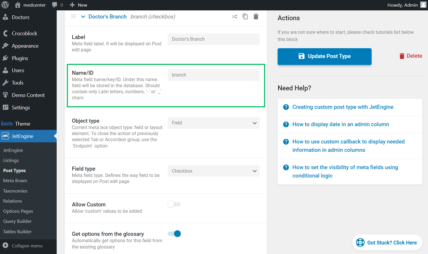 checkbox meta field key in the post type