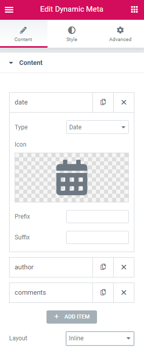 content settings of the dynamic meta widget