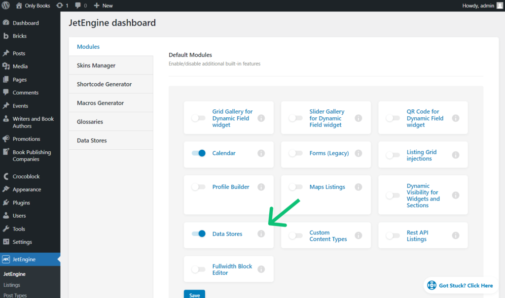 data stores module on the jetengine dashboard