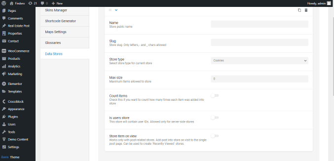 data stores settings