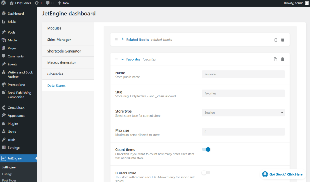 data stores tab on the jetengine dashboard