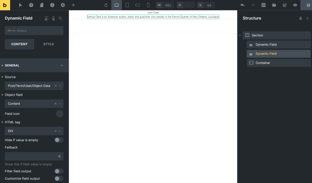 dynamic field setup in bricks builder