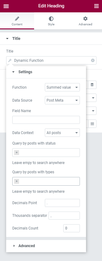 dynamic function settings