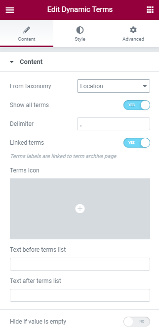 dynamic terms settings