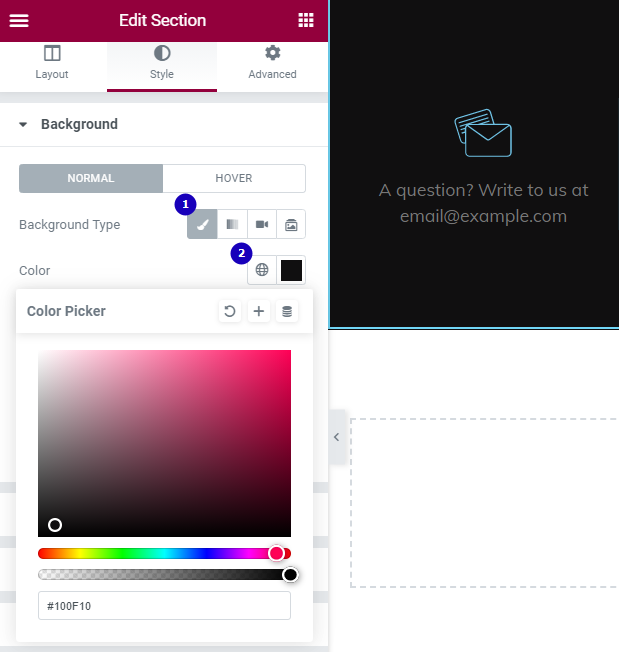 editing section background color in elementor