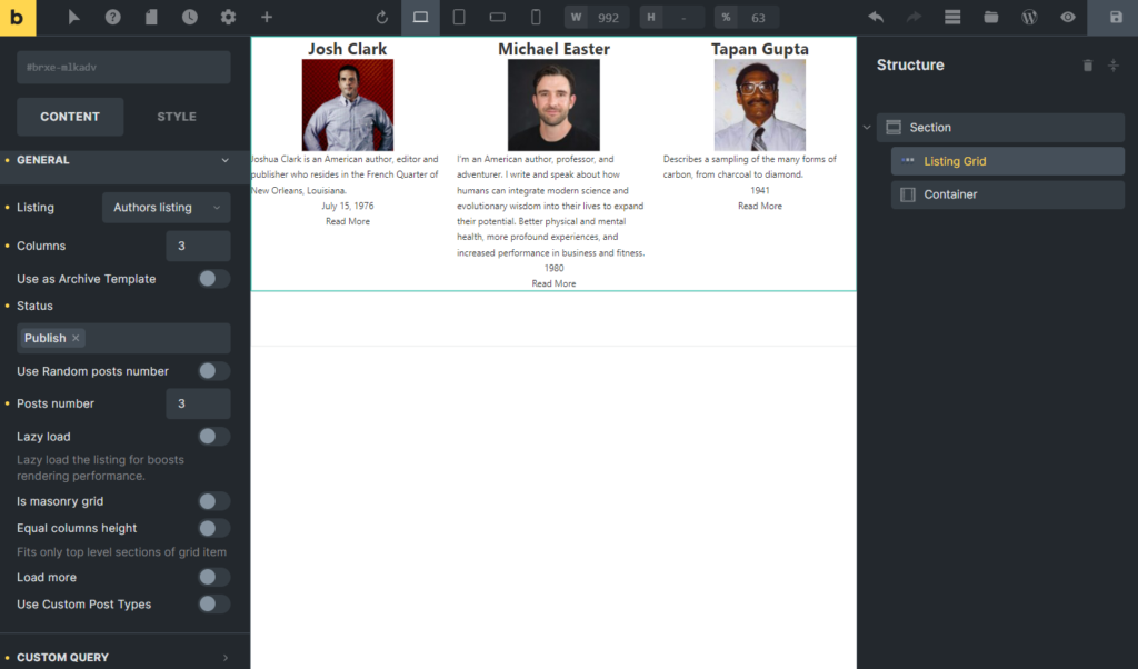 general listing grid settings tab