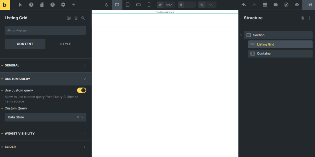listing grid with the query for the data store