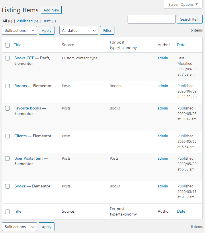 listings table