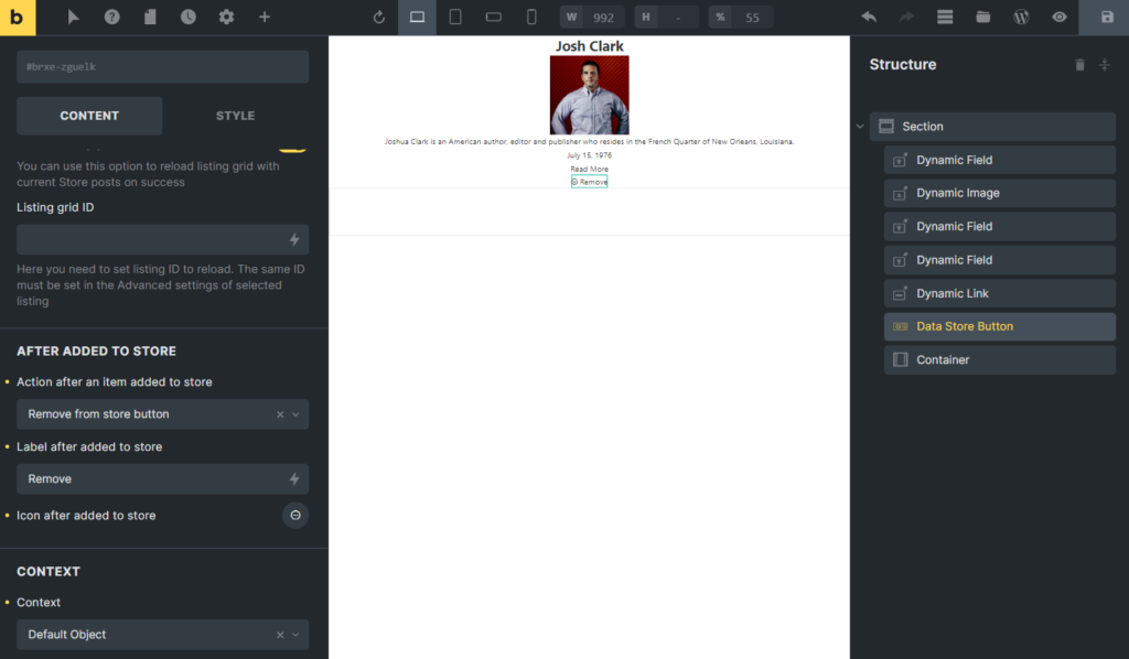 listing template with the data store button