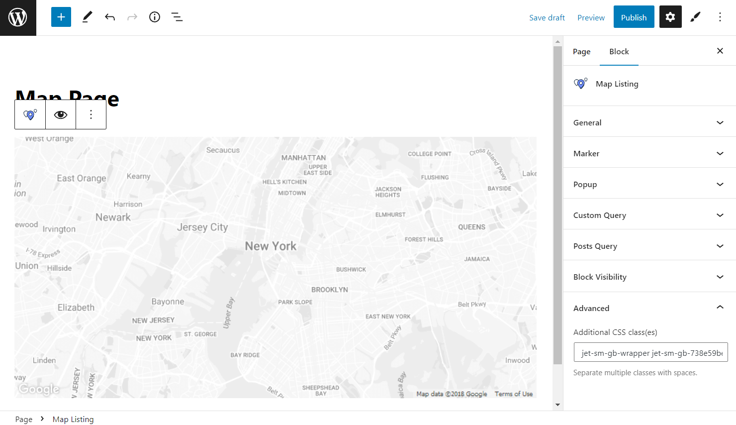 map listing block advanced settings