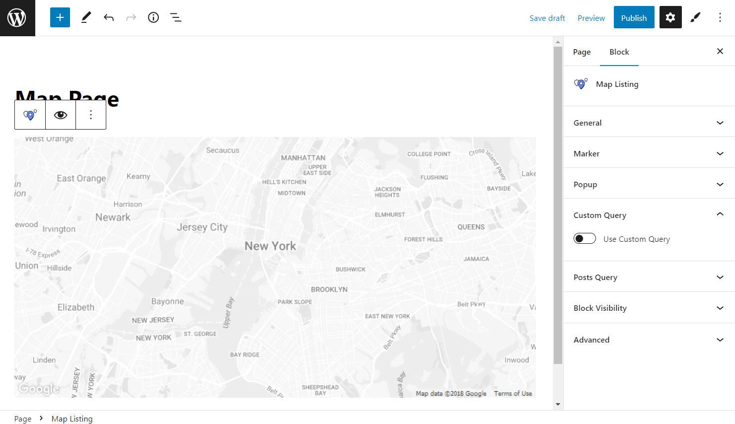 map listing block custom query settings