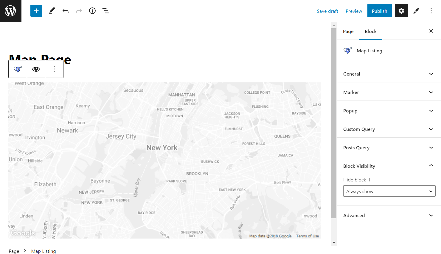 map listing block visibility settings