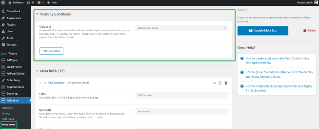 meta box visibility condition settings