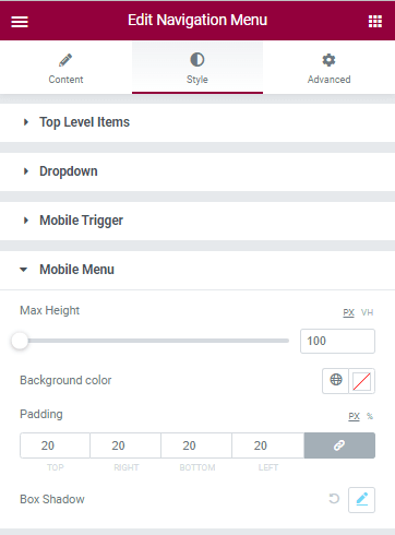 mobile menu settings of navigation menu widget