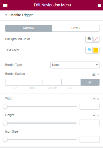 mobile trigger settings of navigation menu widget