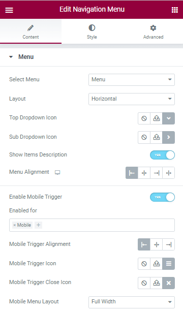navigation menu content settings