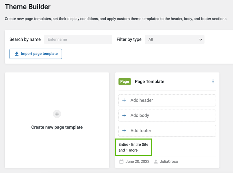 template in the jetthemecore dashboard