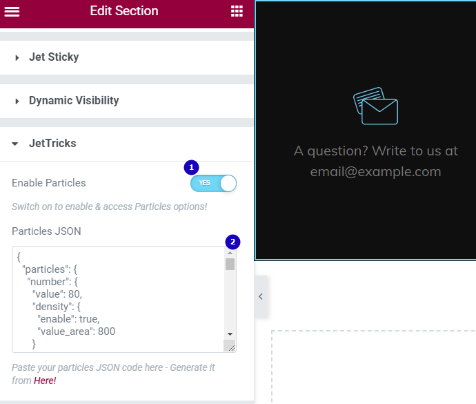 particles js code input in elementor