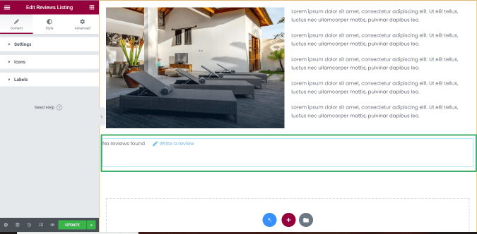 reviews listing widget settings
