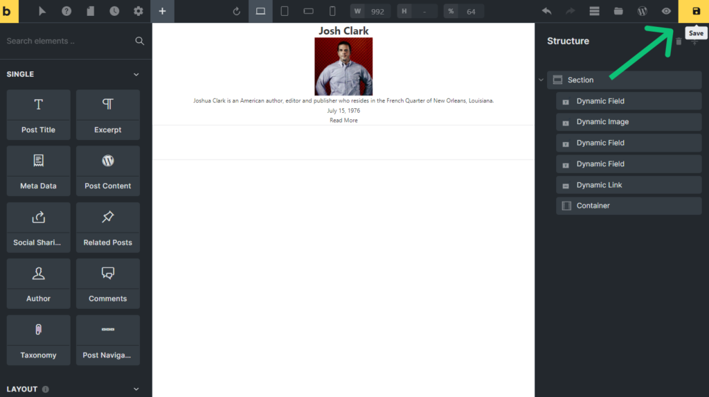 save button in the bricks editor