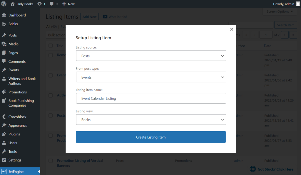listing template for the dynamic calendar