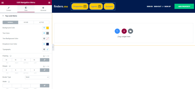 top level items settings of navigation menu widget