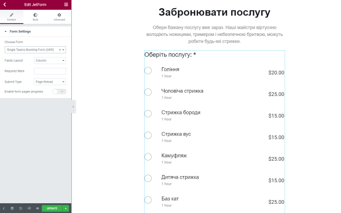 appointment booking form in Elementor