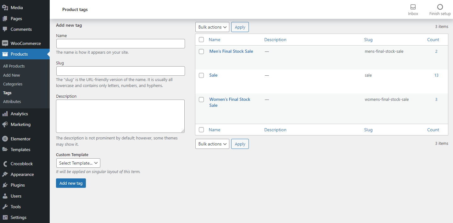 product tags tab in wordpress admin panel