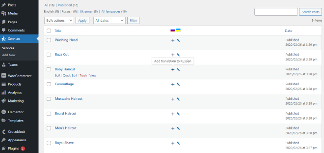 all services in the appointments tab