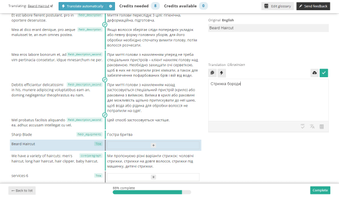 adding service translations in the advanced WPML editor