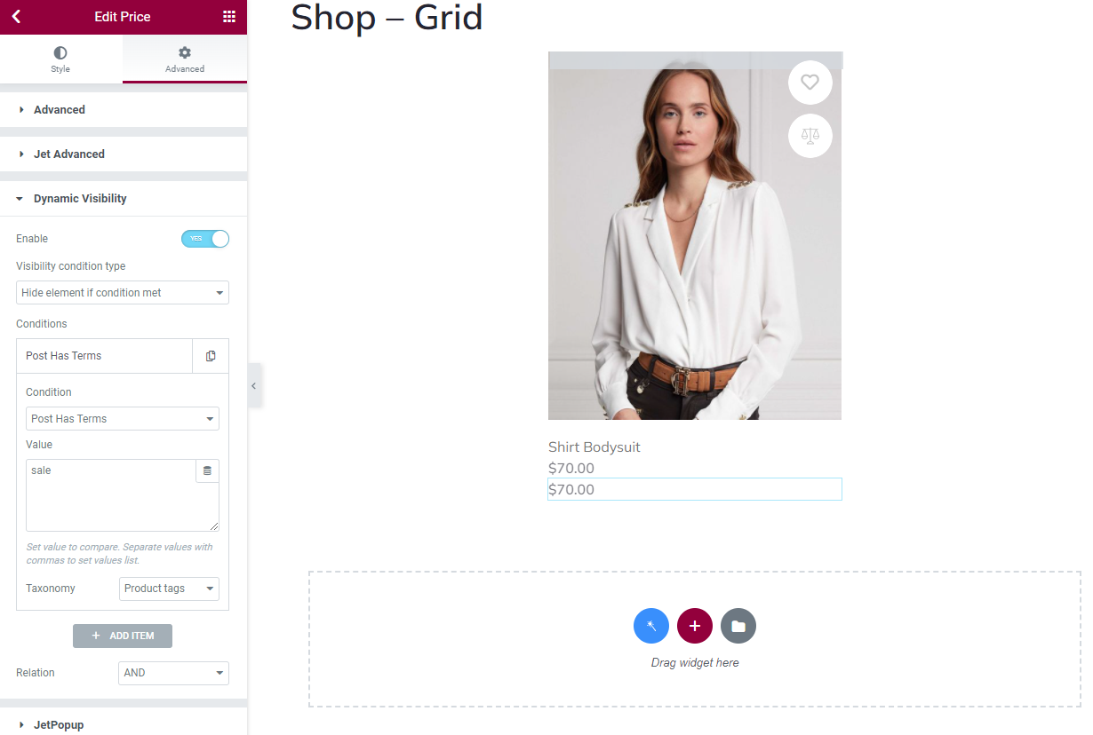 price 2 field dynamic visibility rules on the shop grid archive item