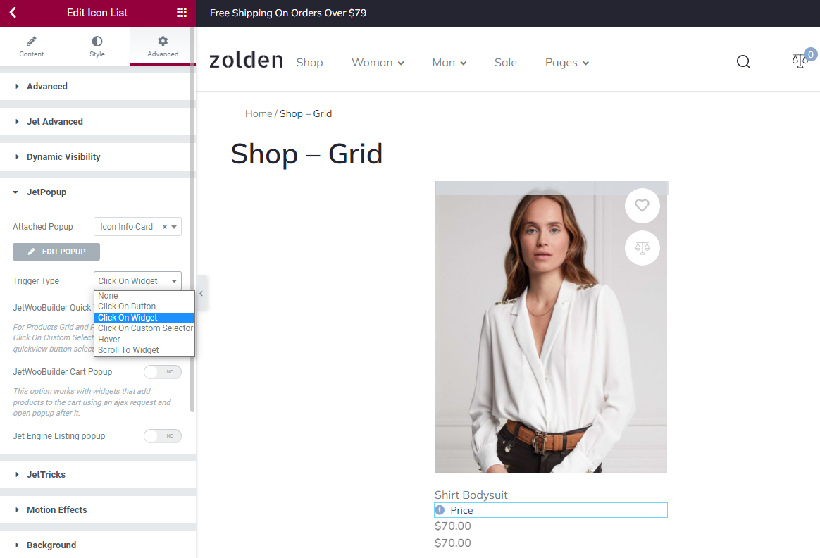 trigger type drop-down in Elementor