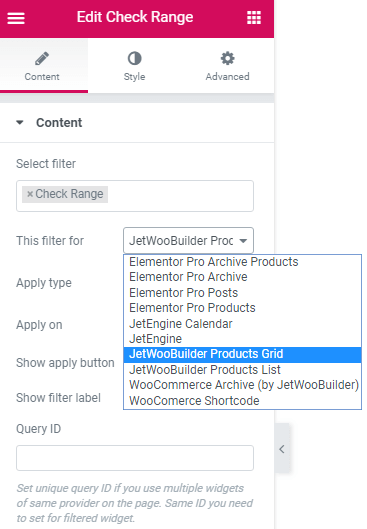 content settings in the check range widget