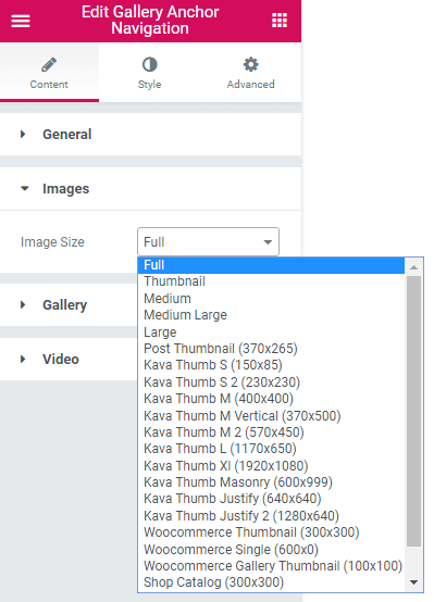 Images settings in Gallery Anchor Navigation widget