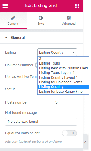 listing grid general settings