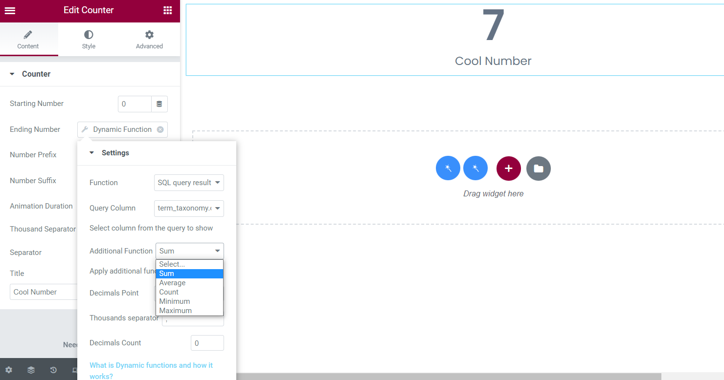 additional action field in the counter widget settings