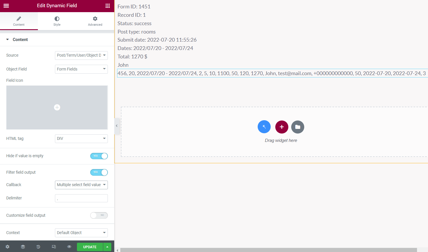 all form fields values displaying
